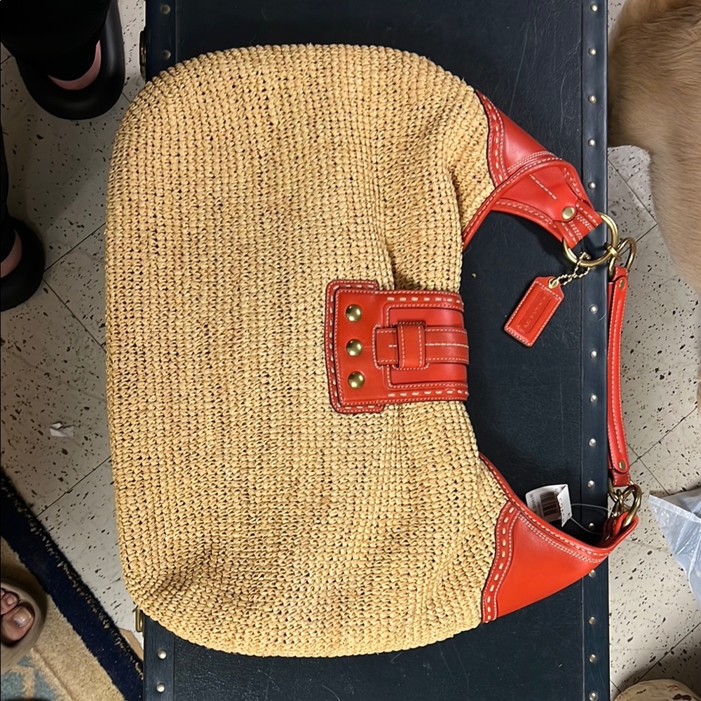 Coach Red and Tan Hobo Bag with Leather Trim - Picture 3 of 3